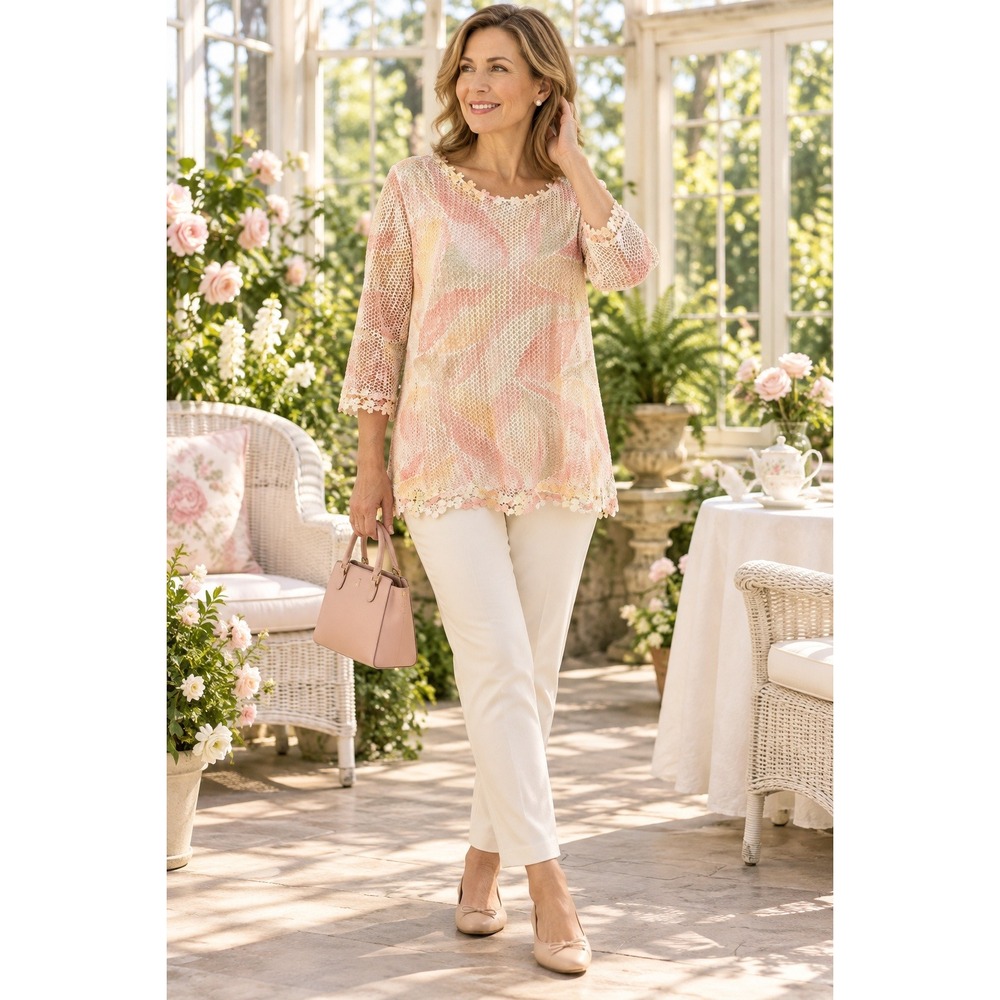 Alfred Dunner Med Mesh Knit Top Coral Abstract Floral Crochet Romantic Cottage